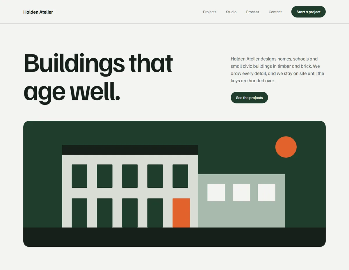Halden Atelier hero as built and rendered in the browser
