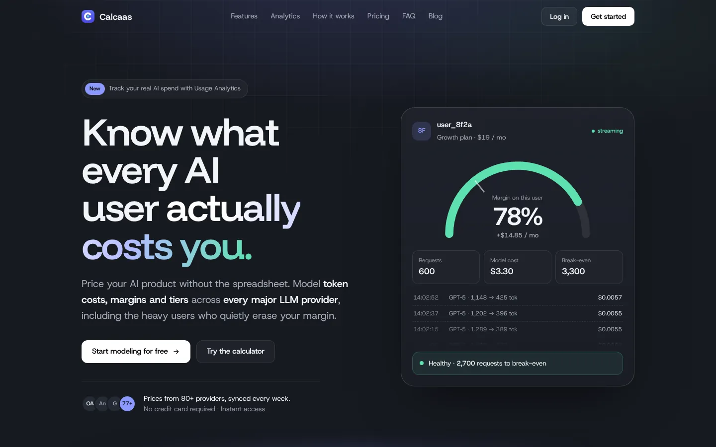 Calcaas home page: headline, live margin gauge for one user and the call to start modeling