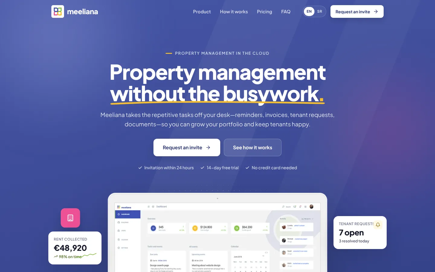 Meeliana home page: headline, two calls to action and the dashboard on a laptop