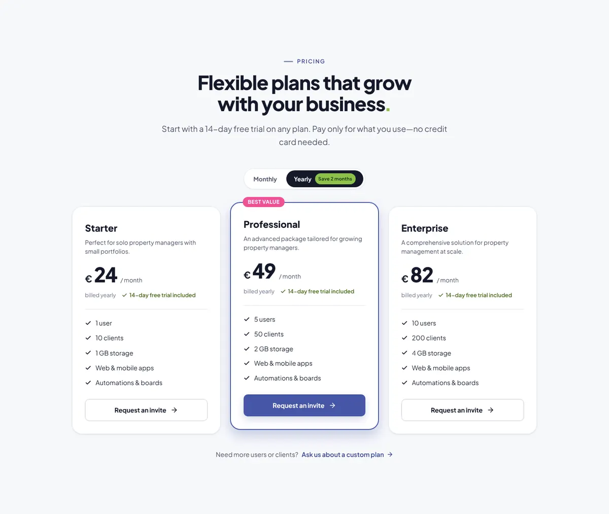 Meeliana pricing: Starter, Professional and Enterprise plans with a monthly or yearly switch